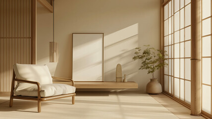 Fototapeta premium A refined Japanese style modern living room with sliding doors and a hanging mockup picture frame on a wall background, featuring elegant simplicity and modern decor. Ai generated