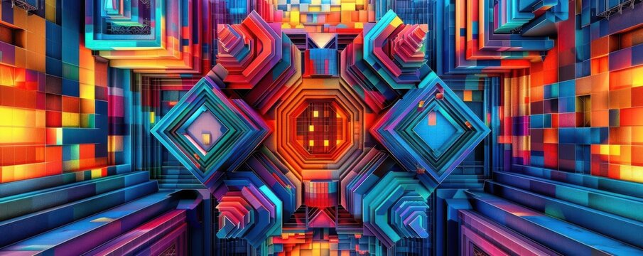 Abstract geometric 3D sculpture, vibrant colors, intricate patterns, futuristic style, digital rendering