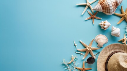 Sea vacation essentials on blue background top view with copy space
