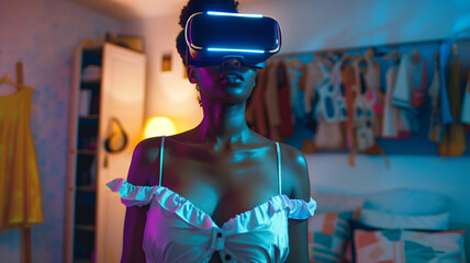 Fototapeta premium Young Black woman immersed in virtual reality shopping, smiling as she selects fashionable dresses, well-lit room. Ai generated
