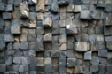 dark stone abstract 3D background with squares, textured geometric backdrop, abstract textured blocks. Geometric shapes overlap creating harmonious abstract composition.