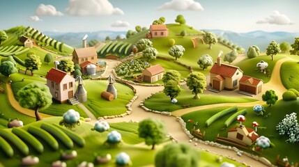 Enchanting Countryside Landscape with Quaint Cottages and Winding Paths