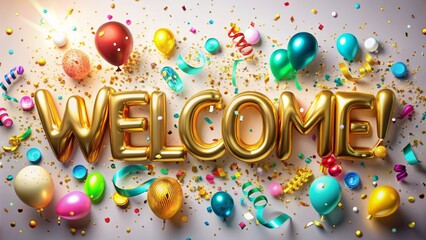 Vibrant colorful abstract background with 3D metallic gold welcome letters in modern brushstroke font, surrounded by confetti and balloons.