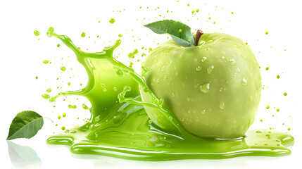 Green Apple with juice splash isolated on white background