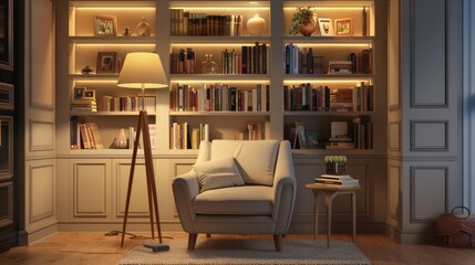 A cozy reading nook with a comfortable armchair, a small side table, a floor lamp, and built-in bookshelves filled with novels and decorative items.