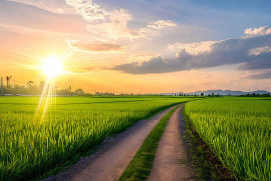 Young green paddy rice field with rural road, sky, and sun light in Thailand