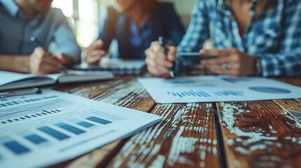 Naklejka premium Strategic Planning: A group of business professionals gathered around a table, discussing strategies with charts and graphs, symbolizing planning and foresight. 