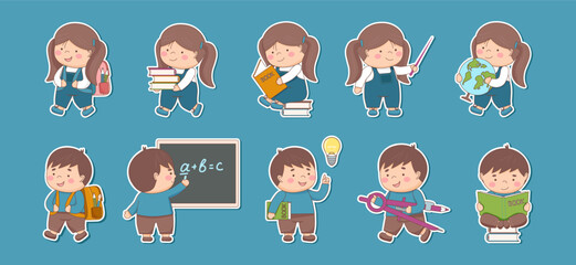 Childrens school stickers. Childrens school characters. Set of children with school elements isolated on blue. Back to school concept.