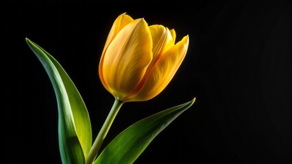 Vibrant yellow tulip blooms majestically against dramatic black background, showcasing delicate petals and slender stem in stunning high-contrast isolation.