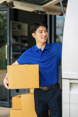 Asian delivery man work in truck for checking the product in the truck, concept ecommerce.