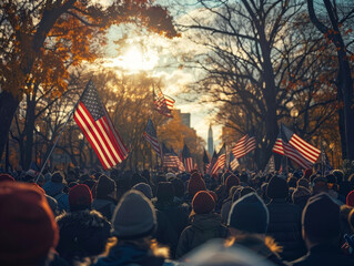 Crowds gather at a rally with American flags waving, sunlight filtering through trees, wideangle lens, photojournalistic style