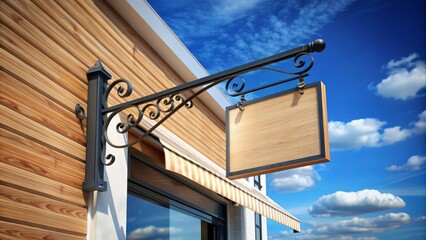Modern blank signage suspended above storefront facade with wooden awning and decorative metal brackets against clear blue sky backdrop.
