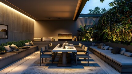 A luxurious outdoor dining area with a long table, comfortable chairs, a built-in barbecue, and ambient lighting, perfect for al fresco meals.