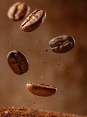 Coffee Beans Falling in Mid-Air
