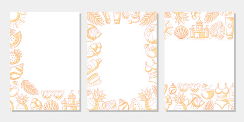 Set of summer minimalist vertical a4 poster, monochrome orange beach elements, accessories icons. Corner, upper, bottom border frame, copy space, isolated on white. For banner, invitation, sale, event
