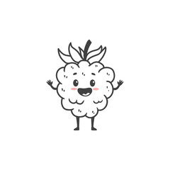 Cute cartoon raspberry with smile isolated on white background. Funny character raspberry in doodle style. Vector illustration 