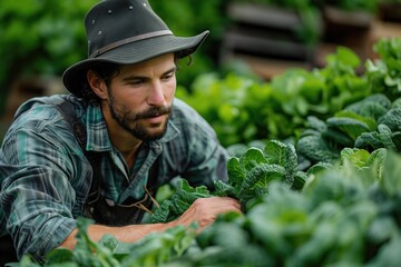 Gardener Harvesting Crops: A gardener harvesting vegetables from a thriving garden, representing the growth of nature and sustainable living.