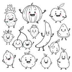 big set of cartoon fruits isolated on white. Funny fruit. Doodle style. Cute food character with arms and legs. Vector illustration