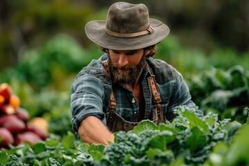 Gardener Harvesting Crops: A gardener harvesting vegetables from a thriving garden, representing the growth of nature and sustainable living.