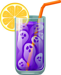 Halloween cocktail, spooky ghostly elixir. Isolated cartoon vector party drink features a mysterious, dark purple potion garnished with ghosts, offering a chilling and deliciously haunting experience