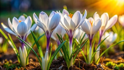 Fototapeta premium Delicate white crocus flowers bloom in clusters, symbolizing hope and renewal, amidst a backdrop of vibrant green grass and soil.