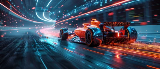 Gordijnen Race Car in Tunnel with Neon Lights © Henry