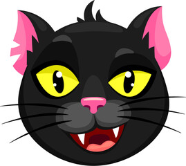 Cartoon Halloween black cat emoji character. Isolated vector cute and eerie feline animal face, emotion with wide yellow eyes and playfully spooky toothy grin, for festive Hallowmas messages and posts