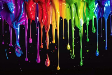 Vibrant Dripping Paint in Rainbow Colors on Black Background - Abstract Art
