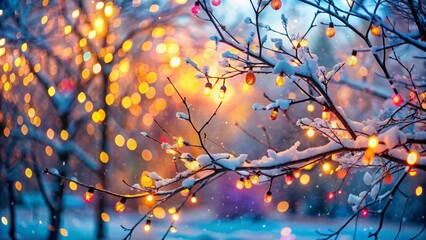 Vibrant twinkling lights adorn serene winter branches, surrounding a soft focus background with kaleidoscope of colors, evoking warmth and magic ambiance.