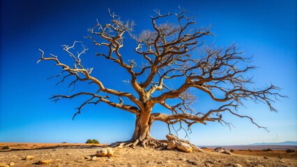 Fototapeta premium A withered, barren, dry branch tree stands solitary, its gnarled limbs stretched towards a desolate, cloudless blue sky backdrop.