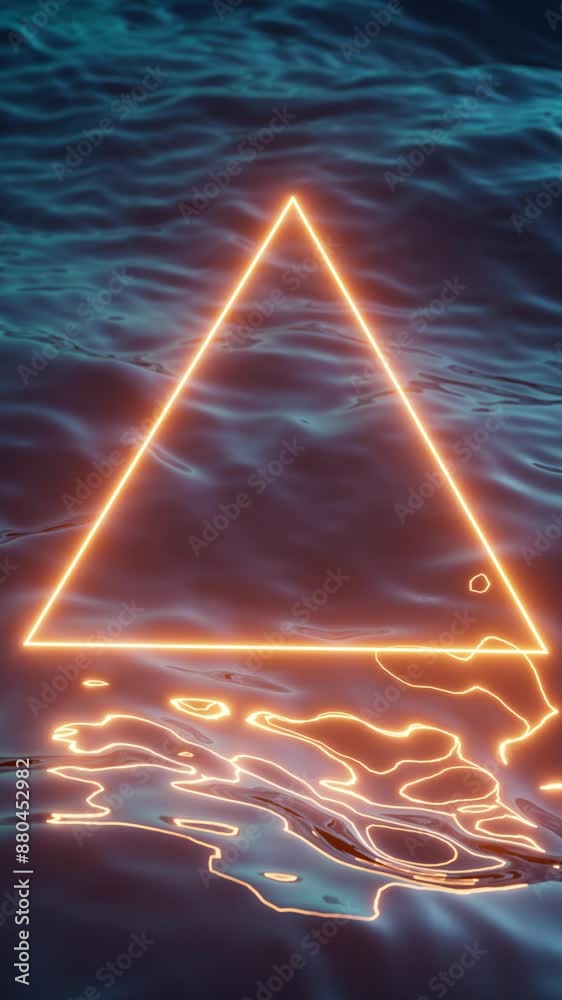 Wall mural looping 3d vertical video. abstract animation of a yellow neon triangle frame glowing over the dark 
