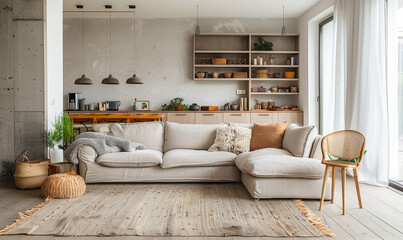 Cozy Scandinavian Living Room with Neutral Tones, Modern Furniture, Woven Decor, Natural Light, and Minimalist Design for a Relaxing Home Atmosphere