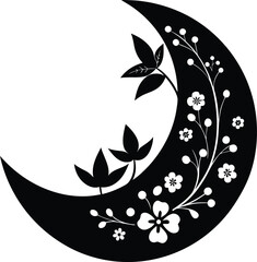 Floral Crescent Moon Silhouette Vector isolated on a white background, Crescent Moon Flower black Silhouette Clipart


