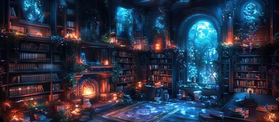 Obraz premium Enchanted Library with Fire and Moonlight