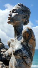 Obraz premium A Minimalistic Stoneware Garden Sculpture Of Beautiful Abstracted Women Figure On Selective Foreground