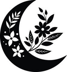 Floral Crescent Moon Silhouette Vector isolated on a white background, Crescent Moon Flower black Silhouette Clipart


