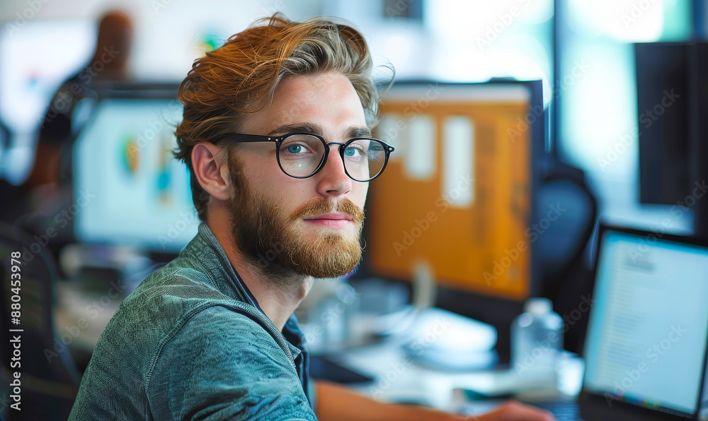 Poster focused male programmer at a modern office workstation coding on multiple screens during daytime, pr
