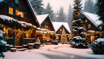 Fototapeta premium A cozy wooden house in a snowy forest with Christmas decorations, a Christmas tree in a festive city, and a charming holiday cabin surrounded by nature 