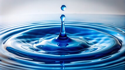 Vibrant blue ink droplet falls into a pool of clear water creating a mesmerizing ripple effect on a white background.