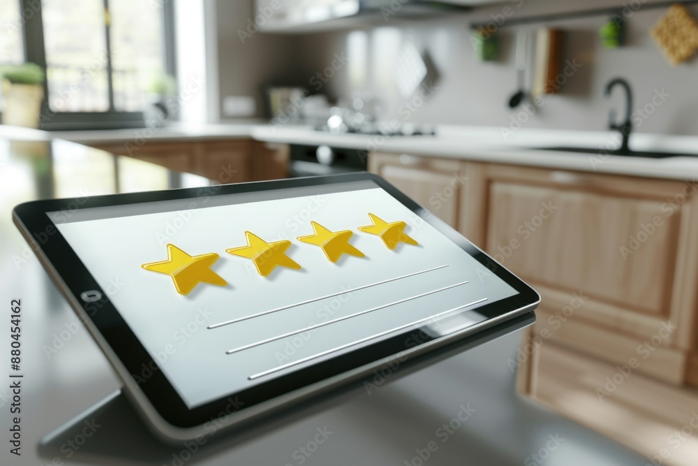 Poster A device display showing multiple star ratings with five stars, ideal for representing high-quality or excellent reviews
