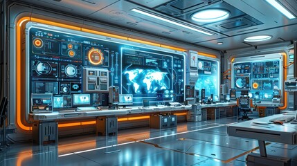 Obraz premium Futuristic Control Room: A Glimpse into the Future of Technology