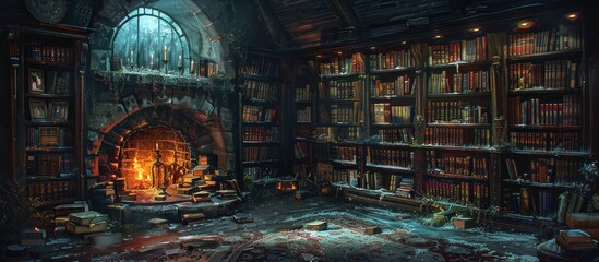Cozy Library with a Fireplace
