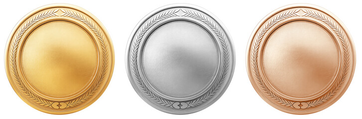Set of blank golden, silver, bronze awards with ornate laurel design. First, second, third  place medals isolated 