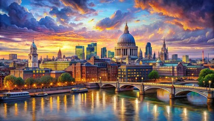 Naklejka premium Vibrant oil painting depicts majestic London skyline at dusk with majestic St Paul's Cathedral and iconic River Thames scenery.