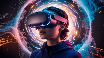 A person using virtual reality goggles, immersed in a digital world
