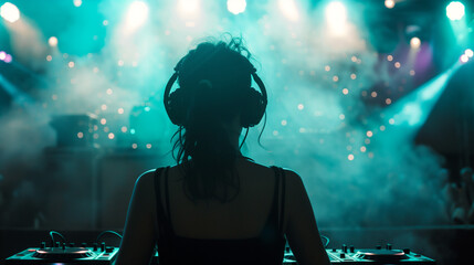 Back view of a female woman DJ or sound engineer playing at a music festival