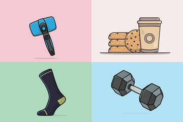 Collection of Paint Brush, Socks, Dumbbell, and Cockie vector designs.