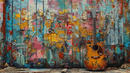 Acoustic Guitar Against a Colorful Wall