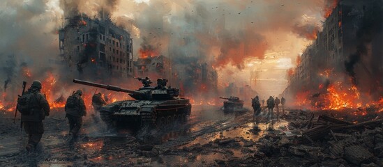Soldiers in a War-Torn City with Tanks and Burning Buildings at Sunset