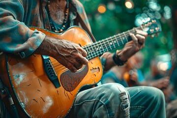 Fototapeta premium Street Musician Playing an Acoustic Guitar in a Vibrant Outdoor Setting